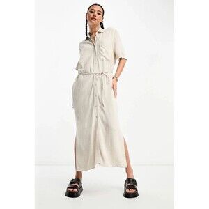 Weekday Off-White Linen Blend Midi Shirt Dress Large Minimalist Neutral Easy Fit